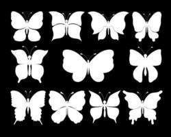 Set butterflies silhouettes. 11 white silhouettes on black background. vector