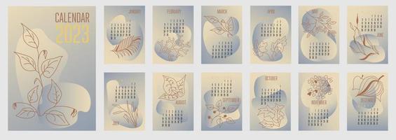 Vector vertical calendar 2023 trendy abstract shapes with hand drawn botanic plants. Week starts on Monday.