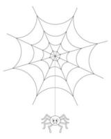 The spider weaves a web. The insect hangs on a thin thread. Vector illustration. Doodle style. Coloring book. A sticky victim trap. Sketch. Cute toothy. Hunter's ambush. Halloween symbol.