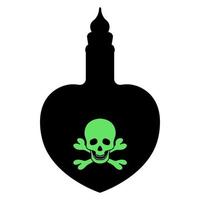 Poison bottle. Silhouette. Heart shaped vessel. Green emblem on a bottle of skull and bones. The bottle is closed with a stopper. A miraculous drink. Witch potion in a flask. Halloween symbol. vector