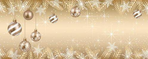 Seamless Abstract Vector Illustration With Christmas Balls And Luminous Gold Background With Text Space. Horizontally Repeatable.