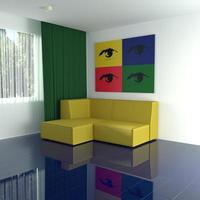 3d image of  interior of the room in bright colors with a picture in the style of pop art photo