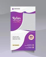 Template social media story post for yoga class promotion with clean purple color. Vector poster and banner to promote relaxation center, medical spa, skin care, cosmetics product, etc