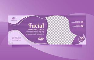 plantilla de banner de medios sociales de diseño horizontal para la promoción del centro de atención de belleza facial con color púrpura moderno. concepto de diseño vectorial de clínica de belleza profesional, spa capilar, venta cosmética, etc. vector