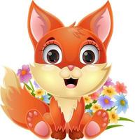 Cute baby fox sitting with the flowers vector