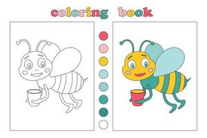 Coloring book for kids, coloring page with small bee and pot of honey. Cartoon illustrations with lettering and color samples. We draw and play with children. Children Education vector
