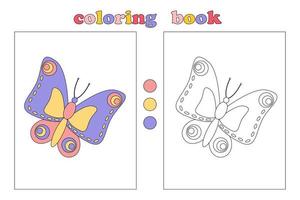 Coloring book for kids, coloring page with beautiful butterfly. Cartoon illustrations with captions and color palette. We draw and play with children. Back to school. vector