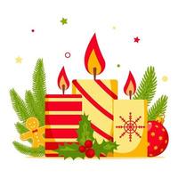 Burning candles, green spruce branches, gingerbread man, Christmas tree toy. Greeting card for Christmas, New Year vector