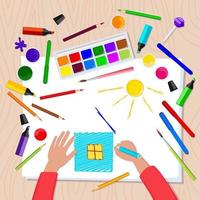 Children's drawing with colored pencils on white paper. Top view of drawing stationery. Paints, brushes, colored pencils, markers, white album sheets for drawing. Back to school vector