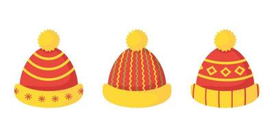 Sports, Fashionable, stylish, winter, autumn warm hats with patterns, pom poms. Hats for children, youth, women. Winter clothes. Christmas accessory. Set of caps vector