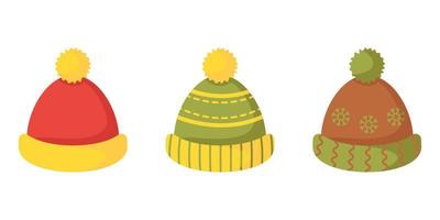 Knitted winter, autumn warm hats with patterns, pom poms. Hats for children, youth, women. Winter clothes. Christmas accessory. Set of caps vector