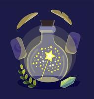 Magic jar with magic wand. flying cards and feathers around, turquoise crystal. vector