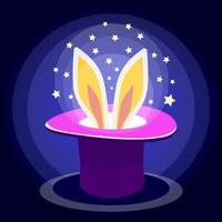 Magic rabbit in top hat with magic glow and stars. Vector graphics