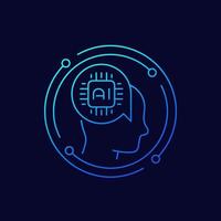 AI technology icon with chip and head, line vector