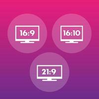 Aspect ratio icons, pictograms, 16 9, 16 10, 21 9 widescreen tv, display vector