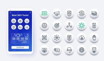 seo, marketing digital e iconos de línea de clasificación de sitios web establecidos con maqueta de teléfono inteligente vector