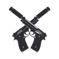 crossed modern pistols with silencers, two handguns isolated on white, vector illustration