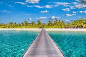 Beautiful tropical nature landscape, wooden jetty over ocean lagoon into paradise island nature. Amazing summer vacation scenic, island beach, coast. Palm trees, sand, cloudy sky. Tranquil relax view photo