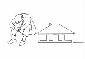 continuous line sad man wants to buy a house vector