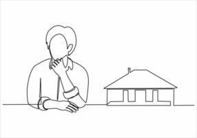 continuous line sad man wants to buy a house vector