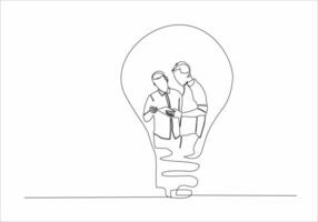 continuous line of woman and man reading a book in a lamp vector