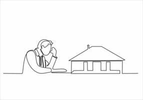 continuous line sad man wants to buy a house vector