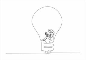 continuous line of woman and man reading a book in a lamp vector
