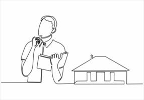 continuous line sad man wants to buy a house vector