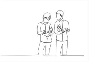 línea continua dos hombres leyendo un libro vector