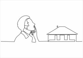 continuous line sad man wants to buy a house vector