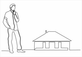 continuous line sad man wants to buy a house vector