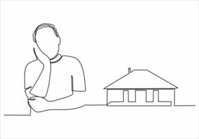 continuous line sad man wants to buy a house vector