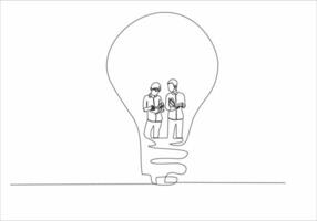 continuous line of woman and man reading a book in a lamp vector