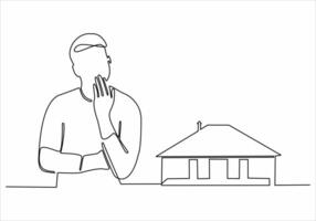 continuous line sad man wants to buy a house vector