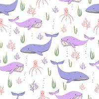 Vector seamless pattern in doodle style with marine animals and algae. Big whales, corals, octopus in cartoon style.