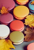Autumn composition. Backdrop made of autumn berries, autumn berries, macarons. Autumn, fall concept. Flat lay, top view photo