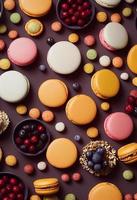 Autumn composition. Backdrop made of autumn berries, autumn berries, macarons. Autumn, fall concept. Flat lay, top view photo