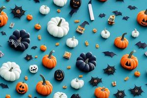 Ilustración 3d de patrones sin fisuras de decoración de halloween en blanco y negro naranja sobre fondo azul pastel foto