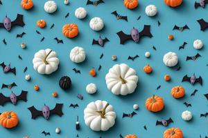 3d illustration seamless pattern of halloween decoration on pastel blue backgroundwith multiple elements photo