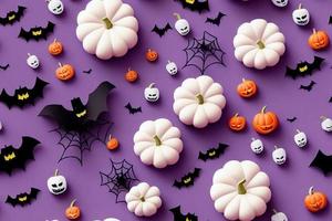 3d illustration seamless pattern of halloween decoration on pastel purple background with black bats photo