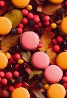 Seamless autumn pattern. Pattern made of autumn leaves, autumn berries, macarons. Autumn, fall concept. Flat lay, top view, seamless photo