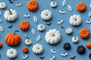 3d illustration seamless pattern of halloween orange and white pumpkin decoration on pastel blue background. photo