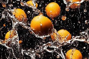 3d illustration seamless pattern of falling oranges into water with droplets and water splashes photo