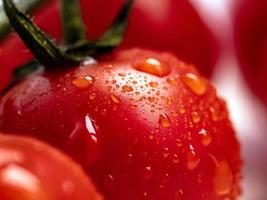 Fotografía macro de tomate cherry rojo fresco con gotas de agua