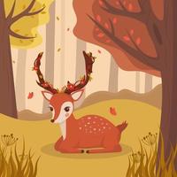 Cute baby deer in the forest with trees and butterflies vector