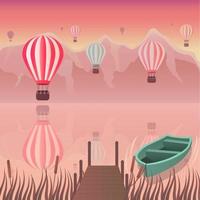 Landscape of mountains and colorful air balloons vector