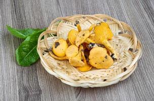 Chanterelle in a basket on wooden background photo