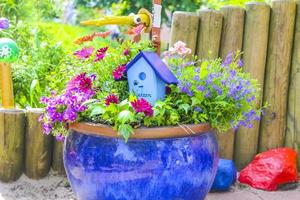 hermosas decoraciones de jardín casa de pájaros y piedras de colores bremerhaven alemania. foto