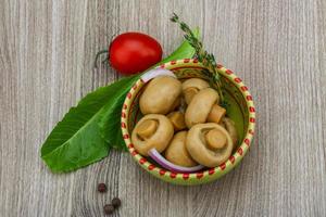 Pickled champignon in a bowl on wooden background photo