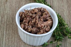 Canned tuna in a bowl on wooden background photo